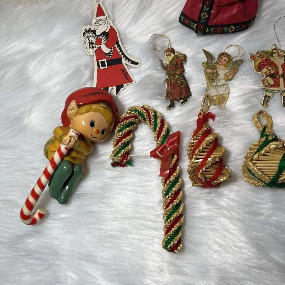Vintage Christmas Ornaments Lot Hallmark Shelf Sitter Silvestri / Straw Folk Art